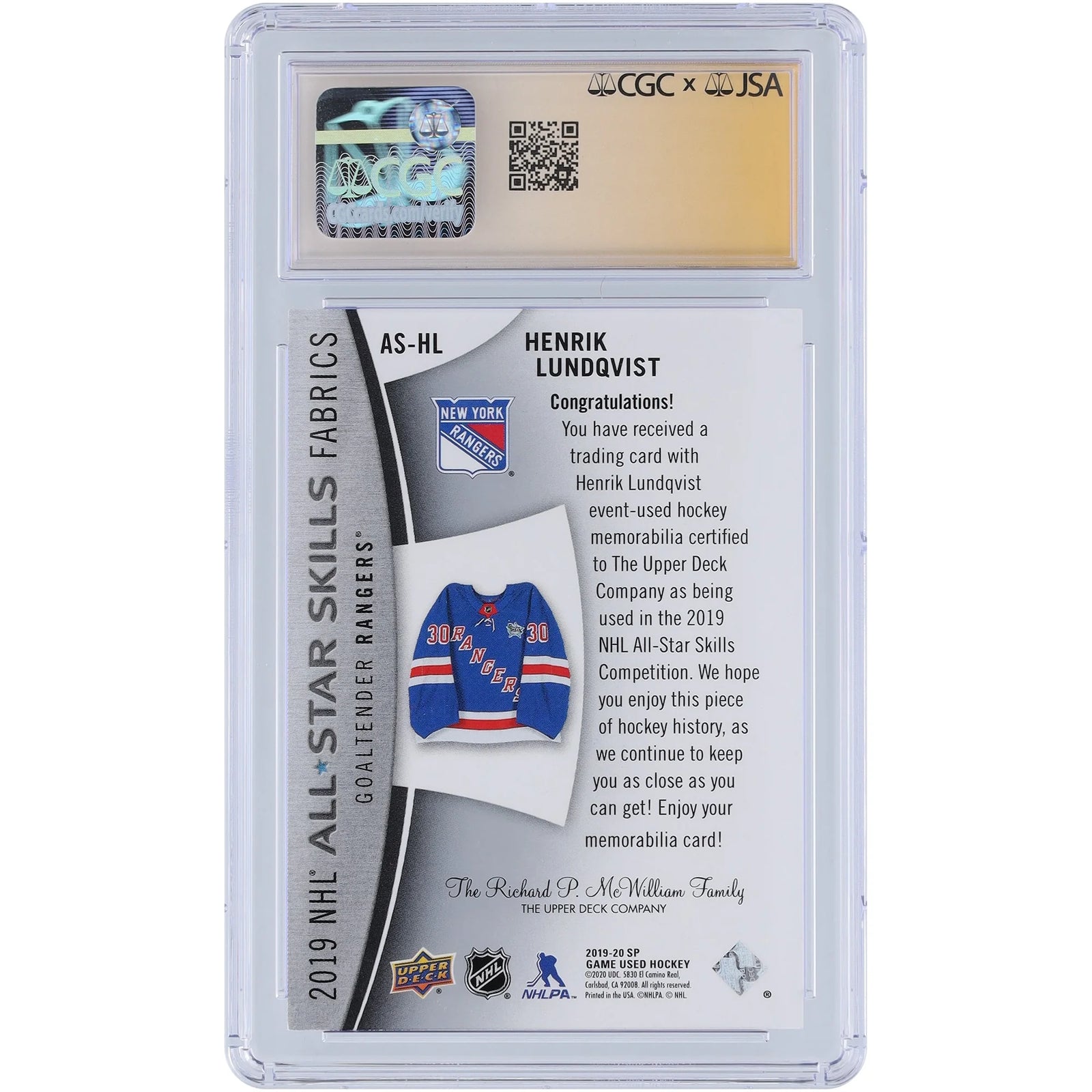 Henrik Lundqvist Signed 2019-20 Upper Deck SP Game Used Card | CGC 10