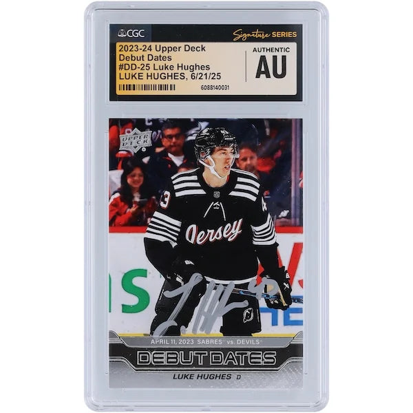 Luke Hughes Signed 2023-24 Upper Deck Rookie Card | Debut Dates Silver Ink