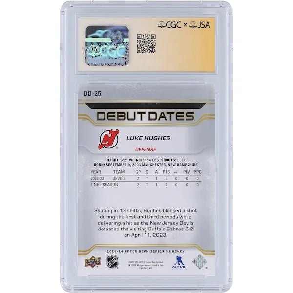 Luke Hughes Signed 2023-24 Upper Deck Rookie Card | Debut Dates Silver Ink