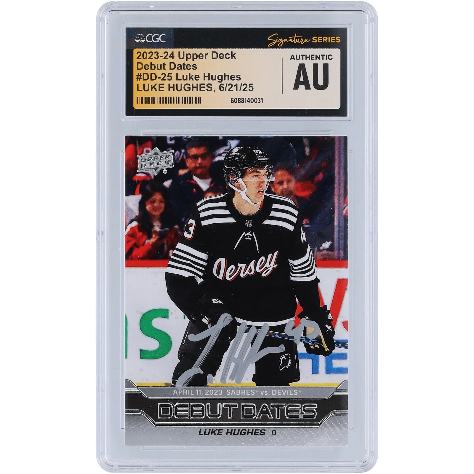 Luke Hughes Signed 2023-24 Upper Deck Rookie Card | Debut Dates Silver Ink