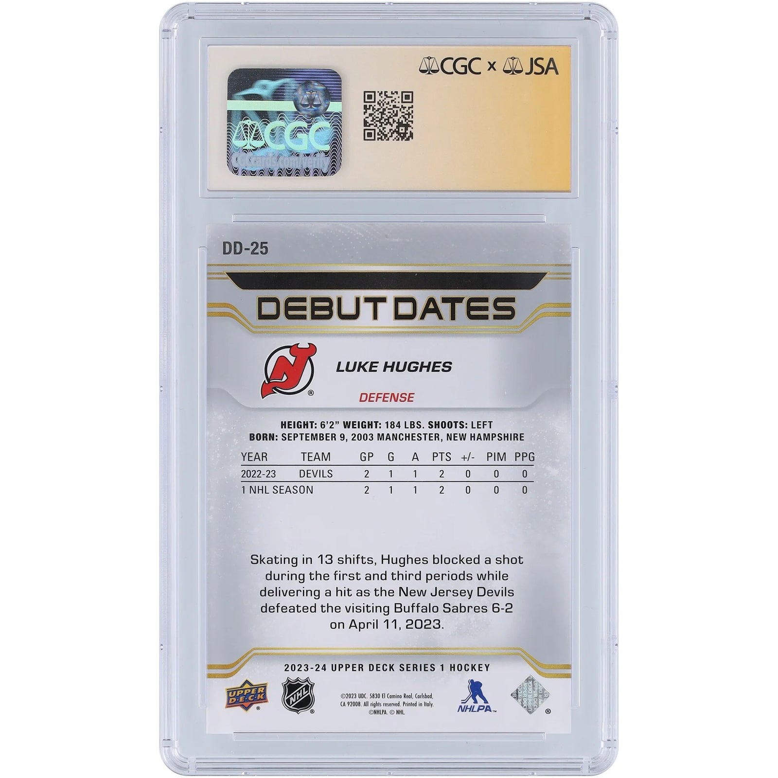 Luke Hughes Signed 2023-24 Upper Deck Rookie Card | Debut Dates Silver Ink