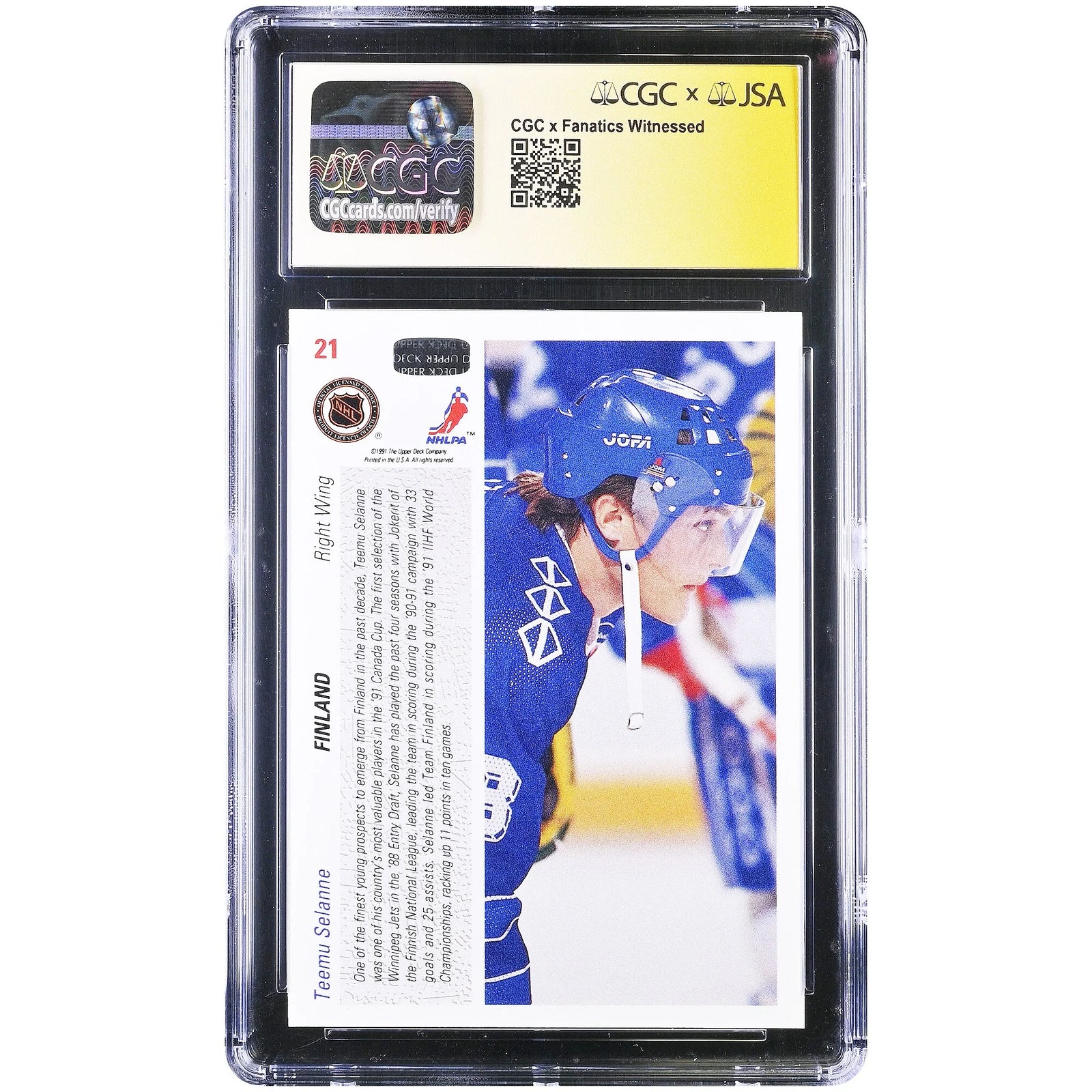 Teemu Selanne Signed 1991-92 Upper Deck #21 Rookie Card | CGC 9