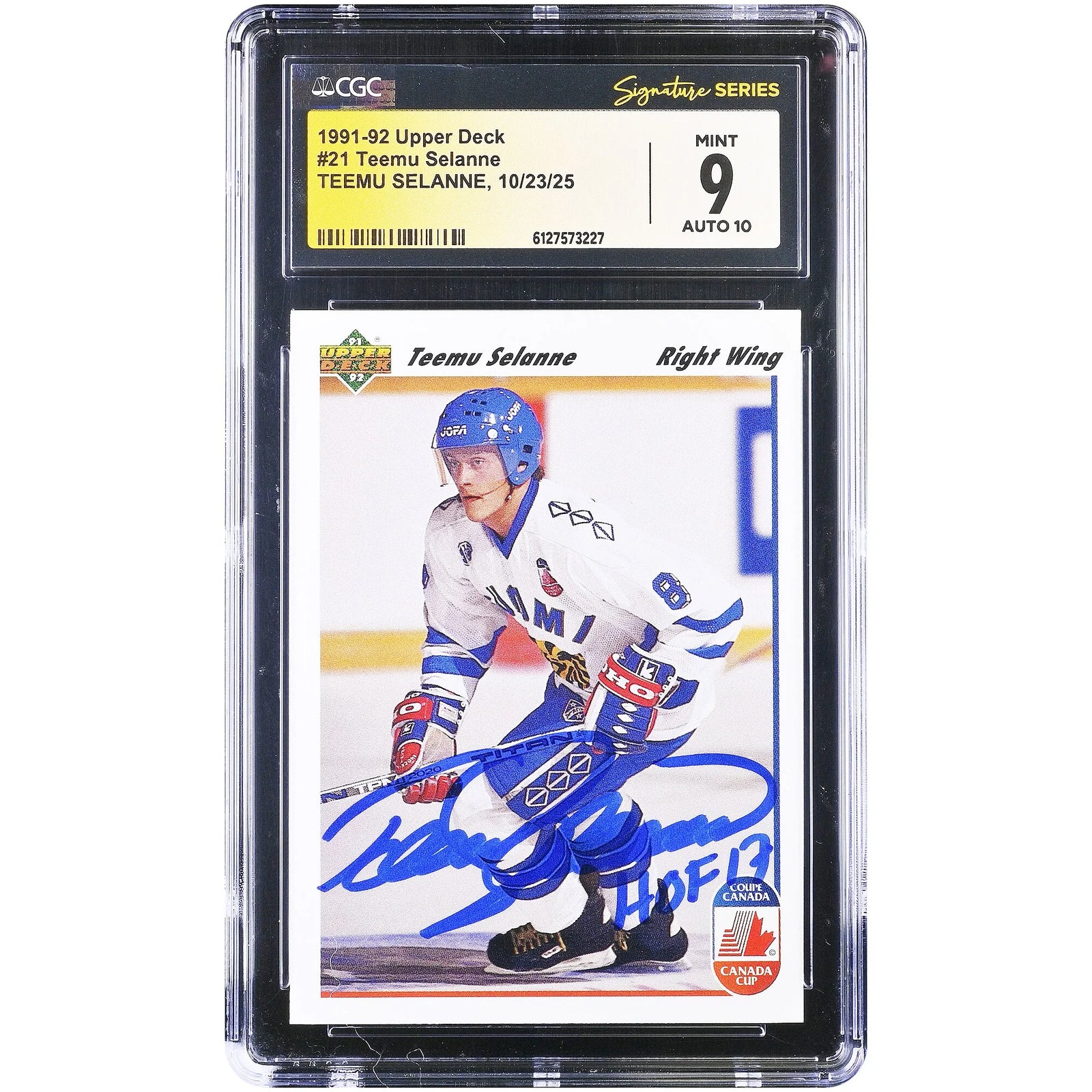 Teemu Selanne Signed 1991-92 Upper Deck #21 Rookie Card | CGC 9/10 HOF 17