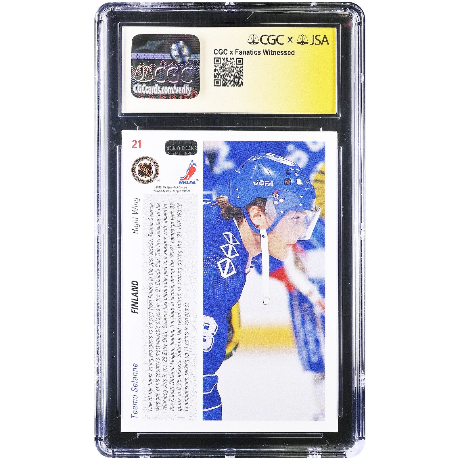 Teemu Selanne Signed 1991-92 Upper Deck #21 Rookie Card | CGC 9/10 HOF 17