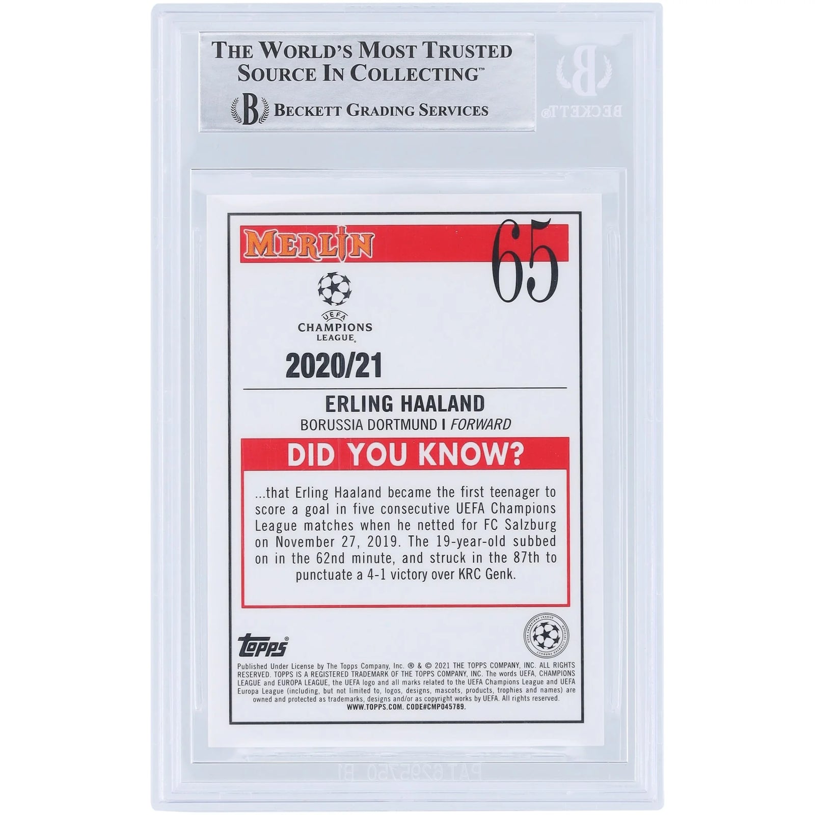 Erling Haaland Signed 2020-21 Topps Merlin Chrome #65 | BAS Authenticated