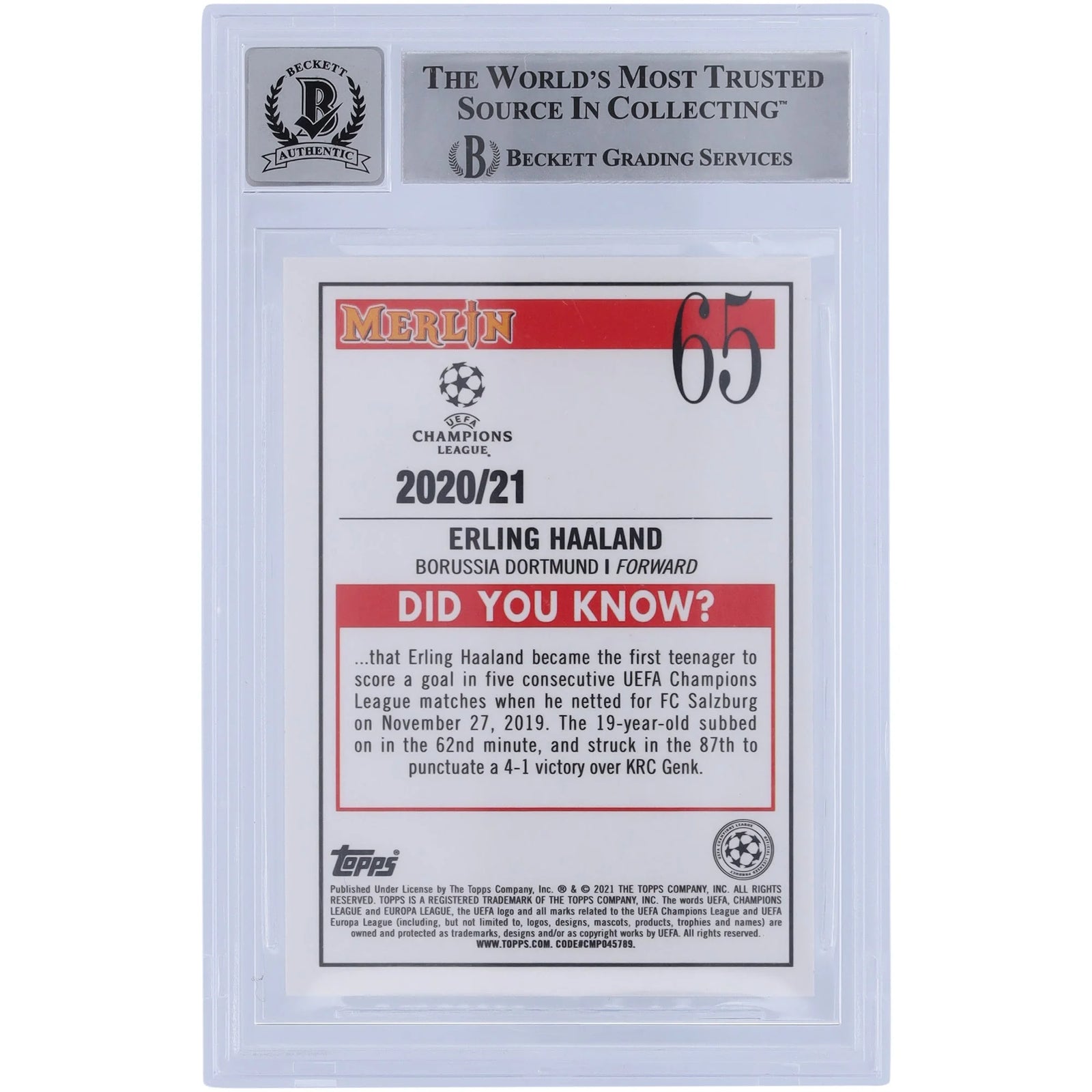 Erling Haaland Signed 2020-21 Topps Merlin Chrome #65 | BAS Authenticated 10
