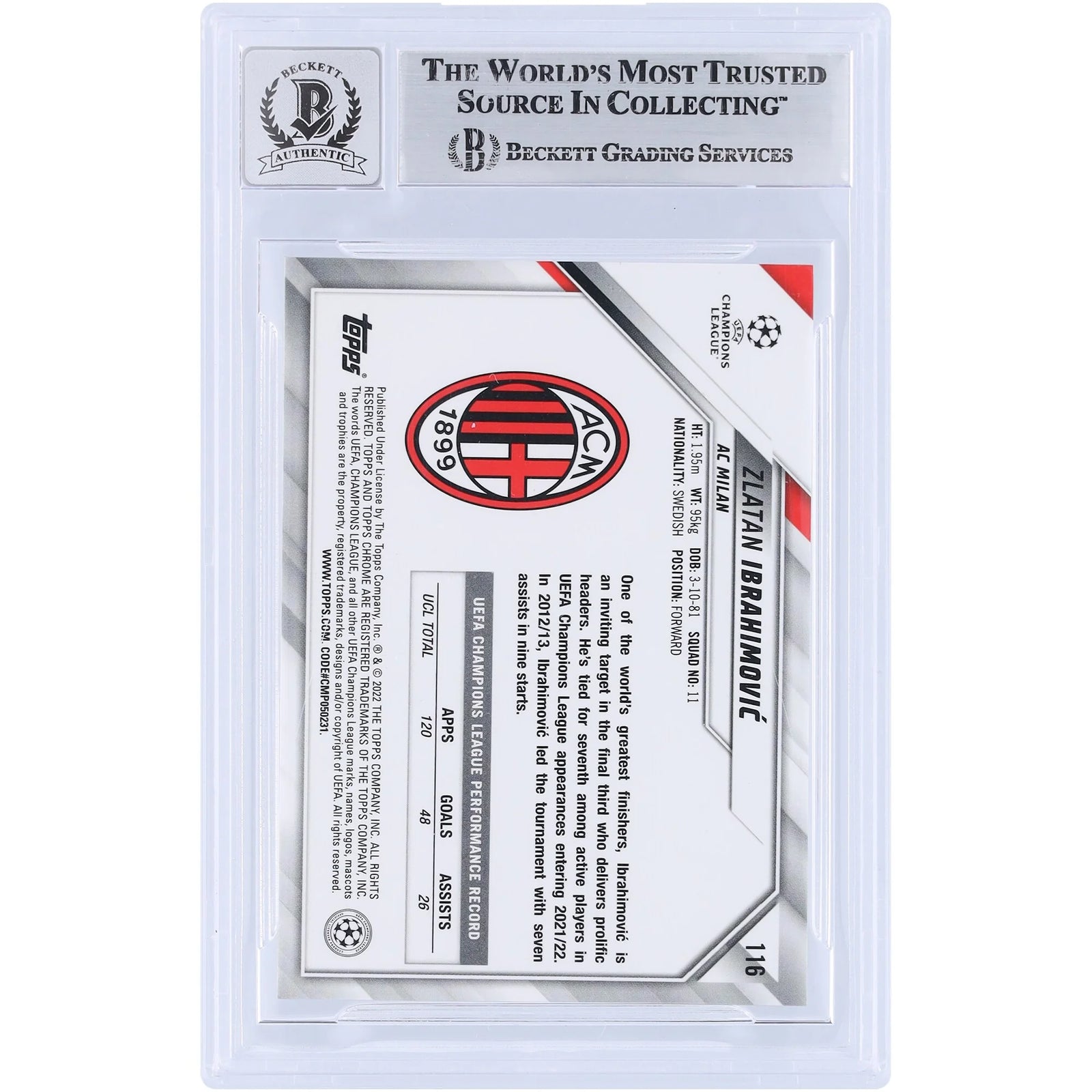 Zlatan Ibrahimovic Signed 2021-22 Topps Chrome UEFA #116 Card | Beckett Graded 10