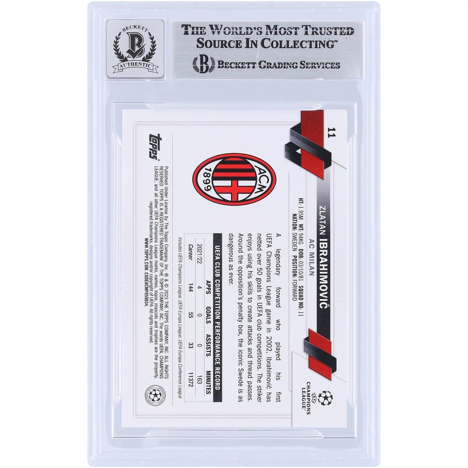 Zlatan Ibrahimovic Signed 2022-23 Topps UEFA #11 Card | Beckett Graded 10