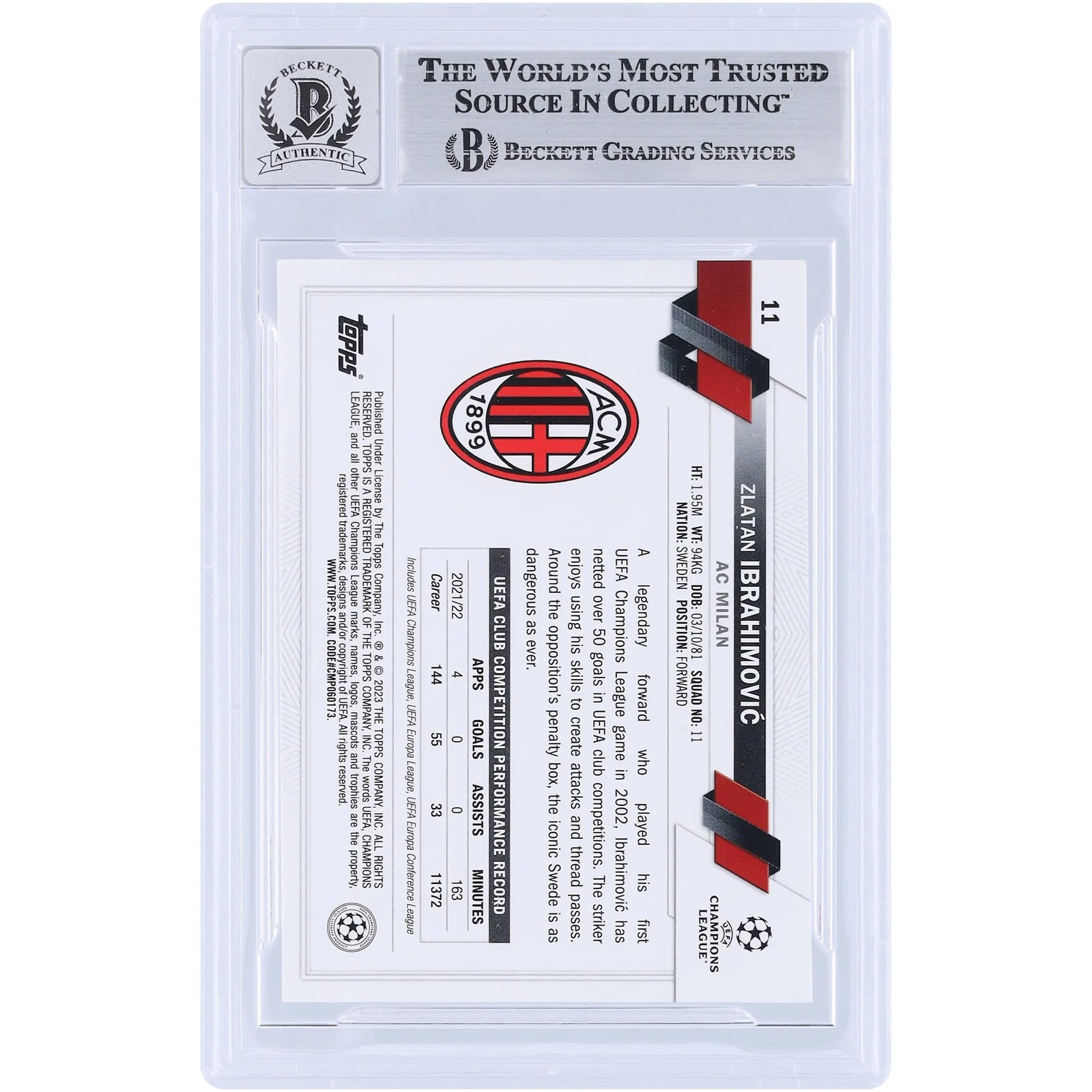 Zlatan Ibrahimovic Signed 2022-23 Topps Chrome UEFA #11 Card | Beckett Graded 10