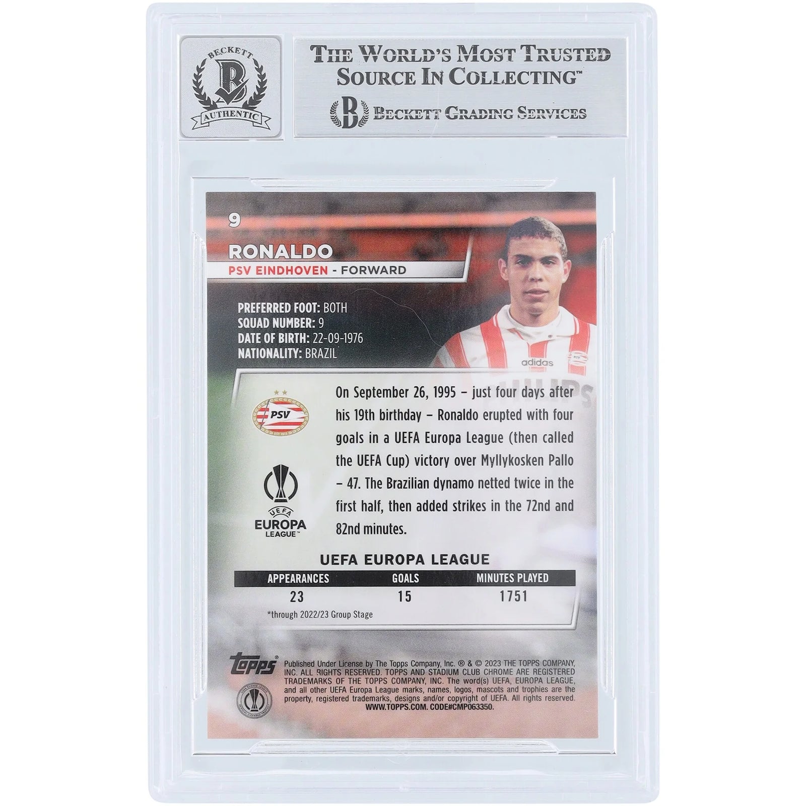Ronaldo PSV Eindhoven Signed 2022-23 Topps Stadium Club Chrome UEFA #9 Card | Beckett Grad