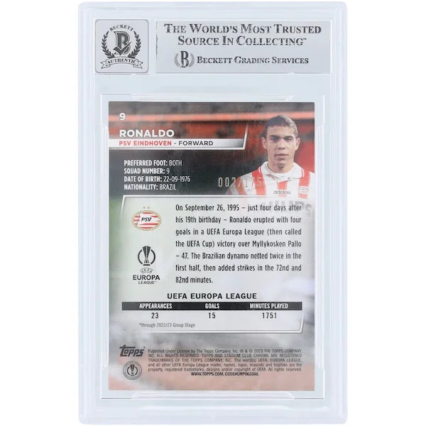 Ronaldo PSV Eindhoven Signed 2022-23 Topps Stadium Club Chrome #9 Card | Neon Green X-Fractor