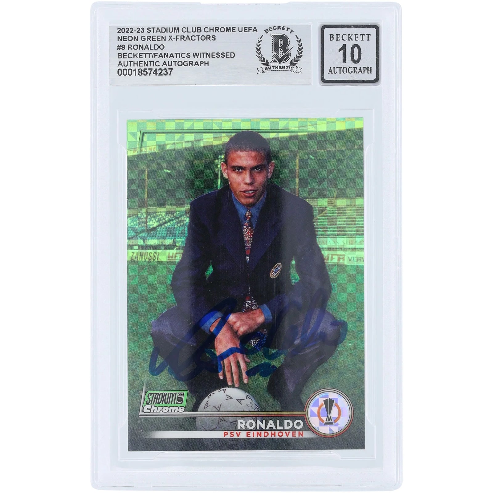 Ronaldo PSV Eindhoven Signed 2022-23 Topps Stadium Club Chrome #9 Card | Neon Green X-Fractor