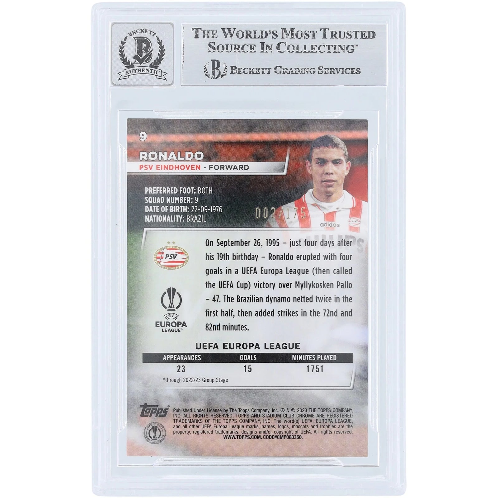 Ronaldo PSV Eindhoven Signed 2022-23 Topps Stadium Club Chrome #9 Card | Neon Green X-Fractor
