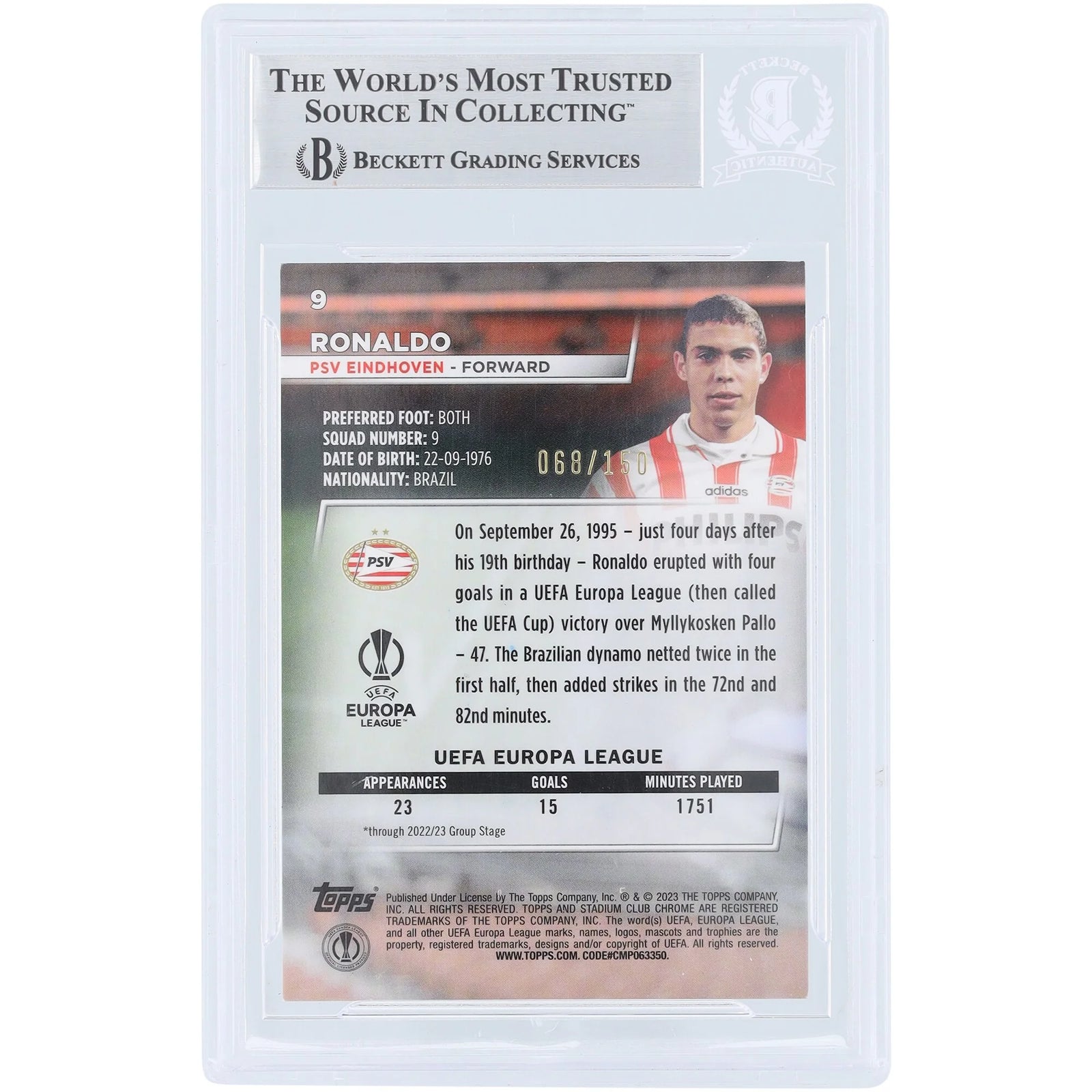 Ronaldo PSV Eindhoven Signed 2022-23 Topps Stadium Club Chrome Pink Wave Refractor #9 #/15