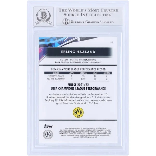 Erling Haaland Signed 2021-22 Topps Finest UEFA #10 Card | Beckett 9