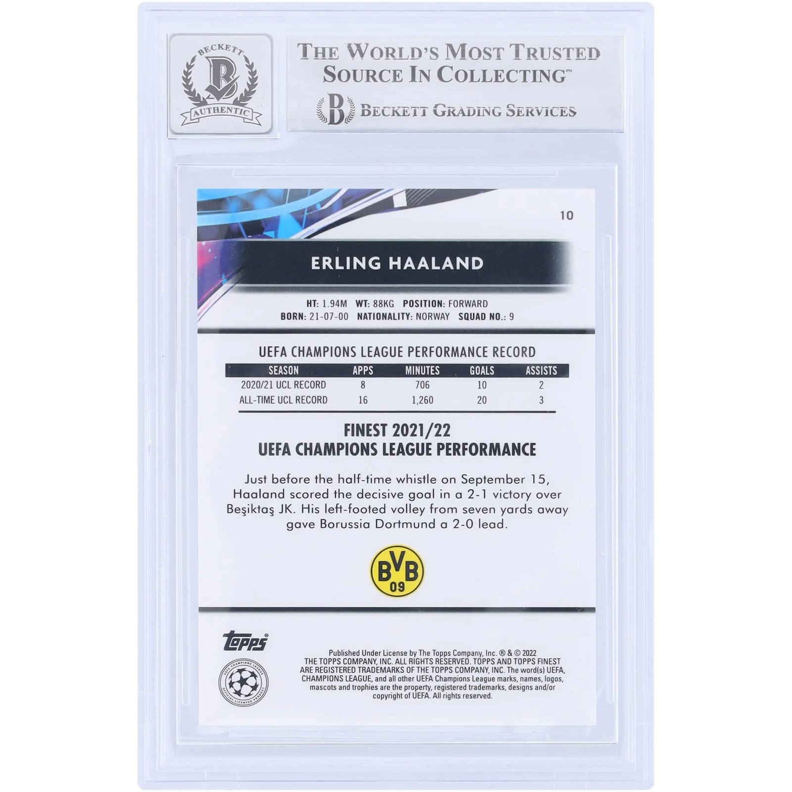 Erling Haaland Signed 2021-22 Topps Finest UEFA #10 Card | Beckett 9