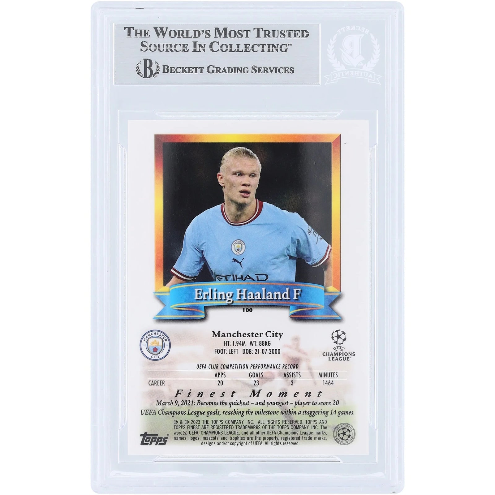 Erling Haaland Signed 2022-23 Topps Finest Flashback UEFA #100 | Beckett Authenticated