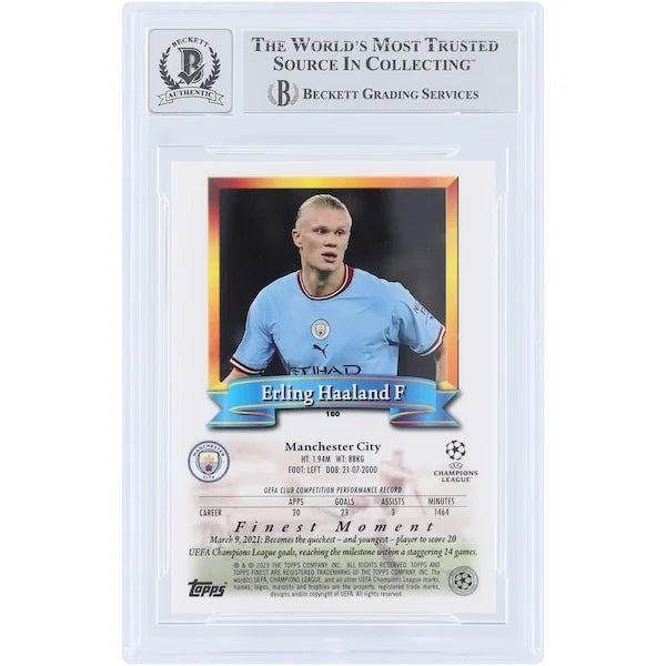 Erling Haaland Signed 2022-23 Topps Finest Flashback UEFA #100 | Beckett 10