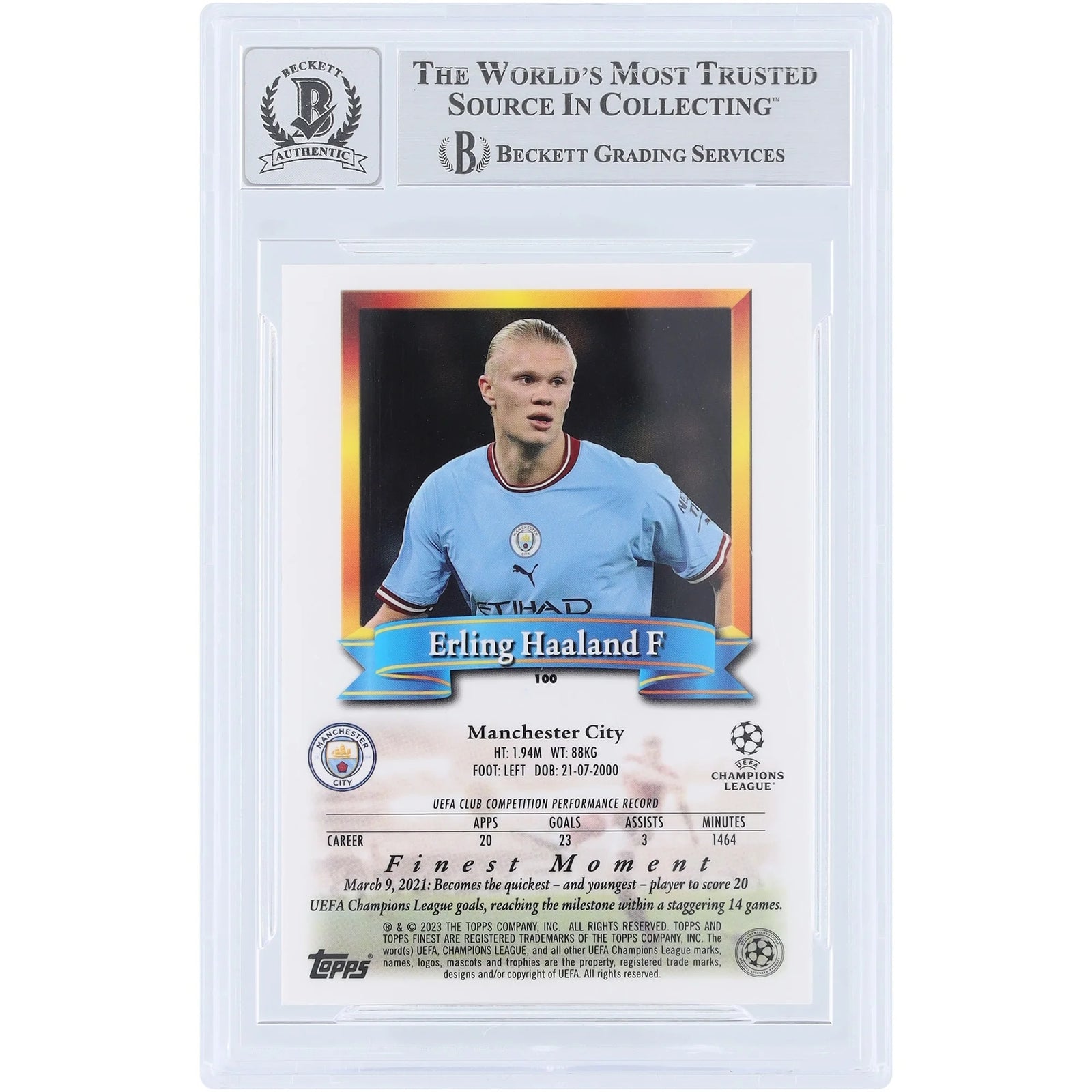 Erling Haaland Signed 2022-23 Topps Finest Flashback UEFA #100 | Beckett 10