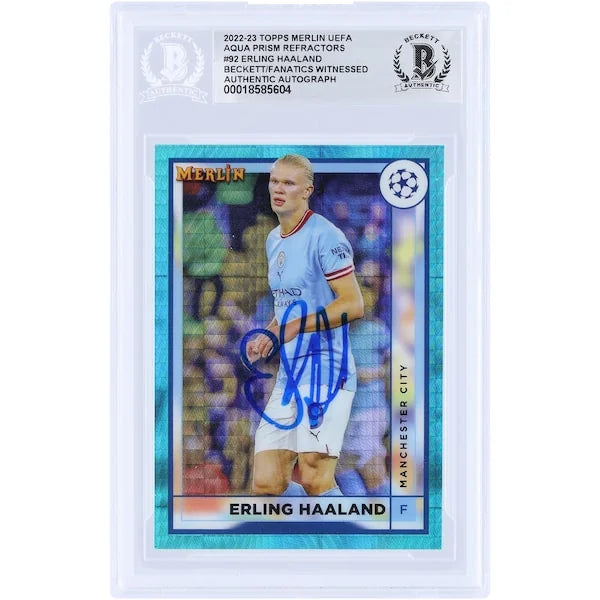 Erling Haaland Signed 2022-23 Topps Merlin UEFA Aqua Prizm Refractor #92 | Beckett Authent