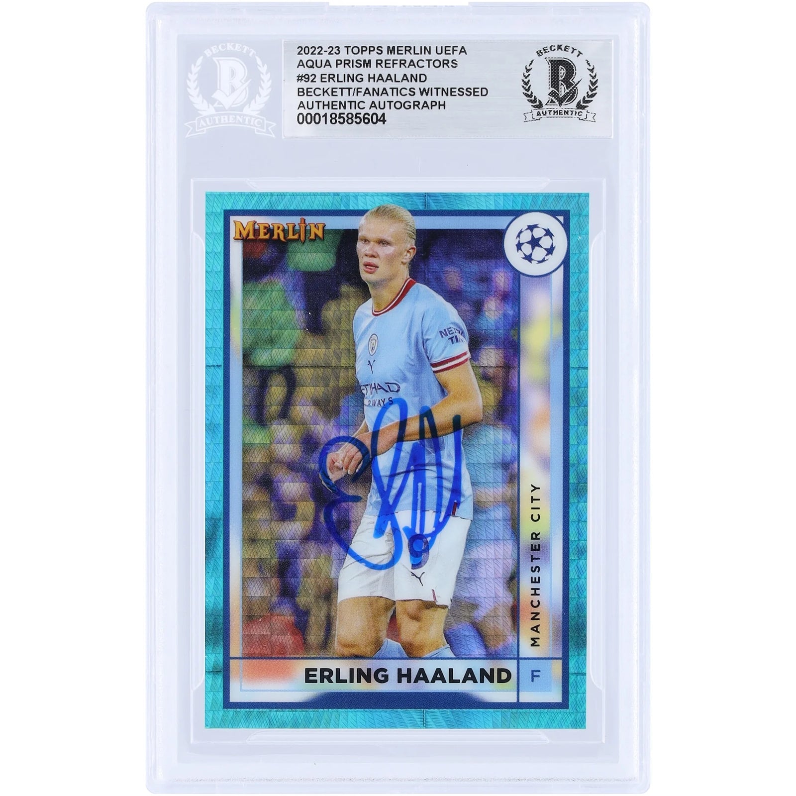 Erling Haaland Signed 2022-23 Topps Merlin UEFA Aqua Prizm Refractor #92 | Beckett Authent