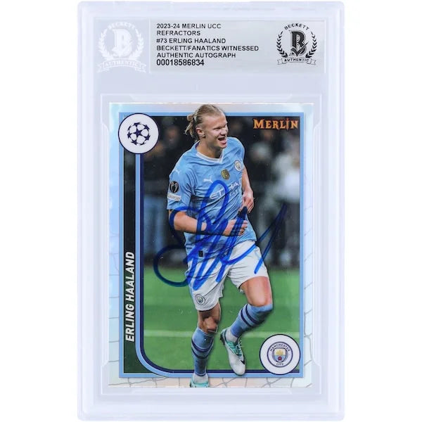 Erling Haaland Signed 2023-24 Topps Merlin UEFA Refractor #73 | Beckett Authenticated