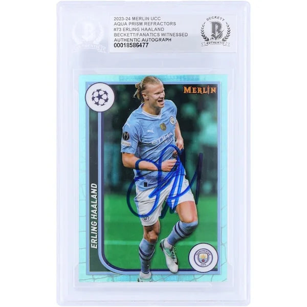 Erling Haaland Signed 2023-24 Topps Merlin UEFA Aqua Prizm Refractor #73 | Beckett Witness