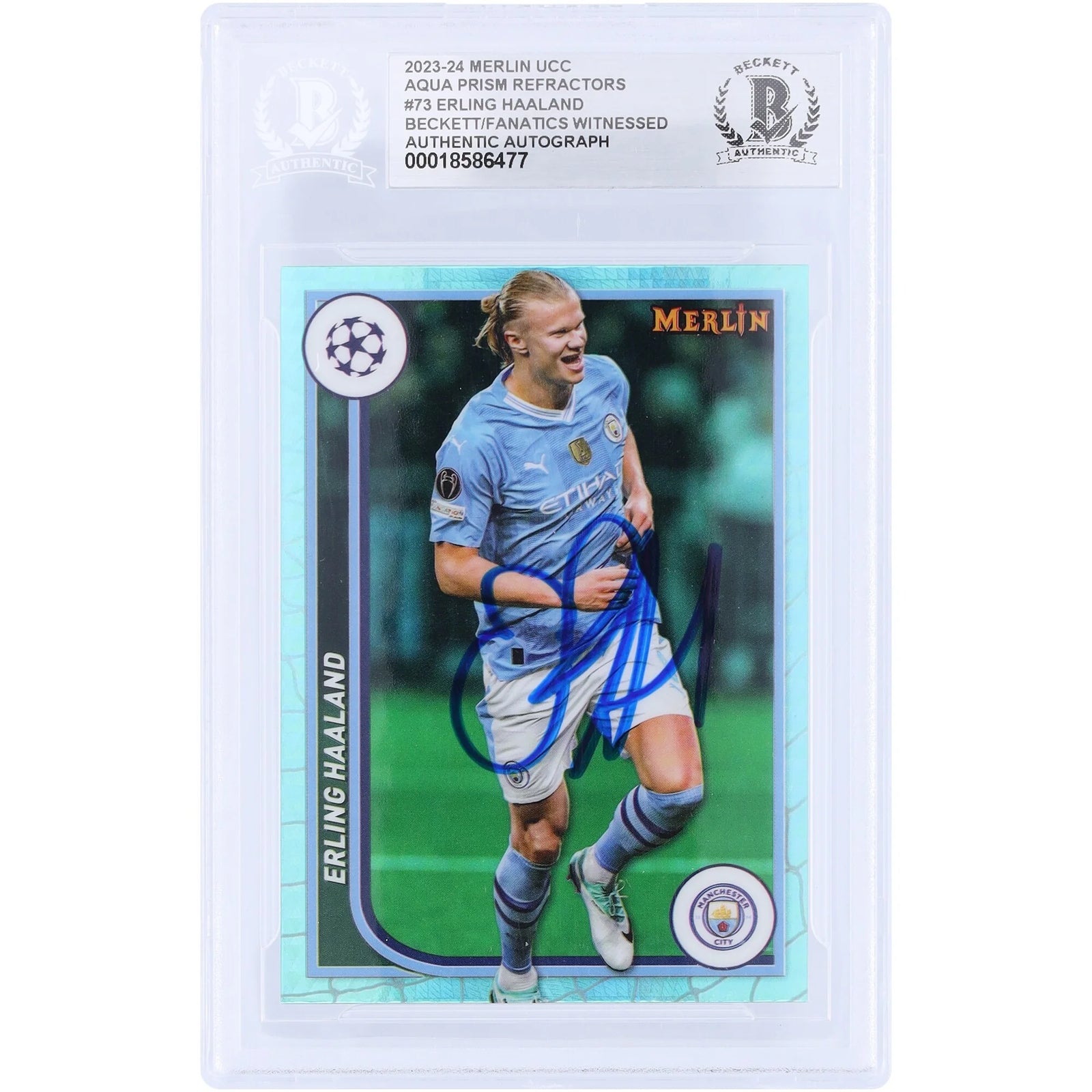 Erling Haaland Signed 2023-24 Topps Merlin UEFA Aqua Prizm Refractor #73 | Beckett Witness