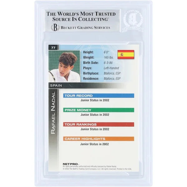 Rafael Nadal Autographed 2003 NetPro International Series #77 Beckett Fanatics Witnessed Authenticated Rookie Card - F2