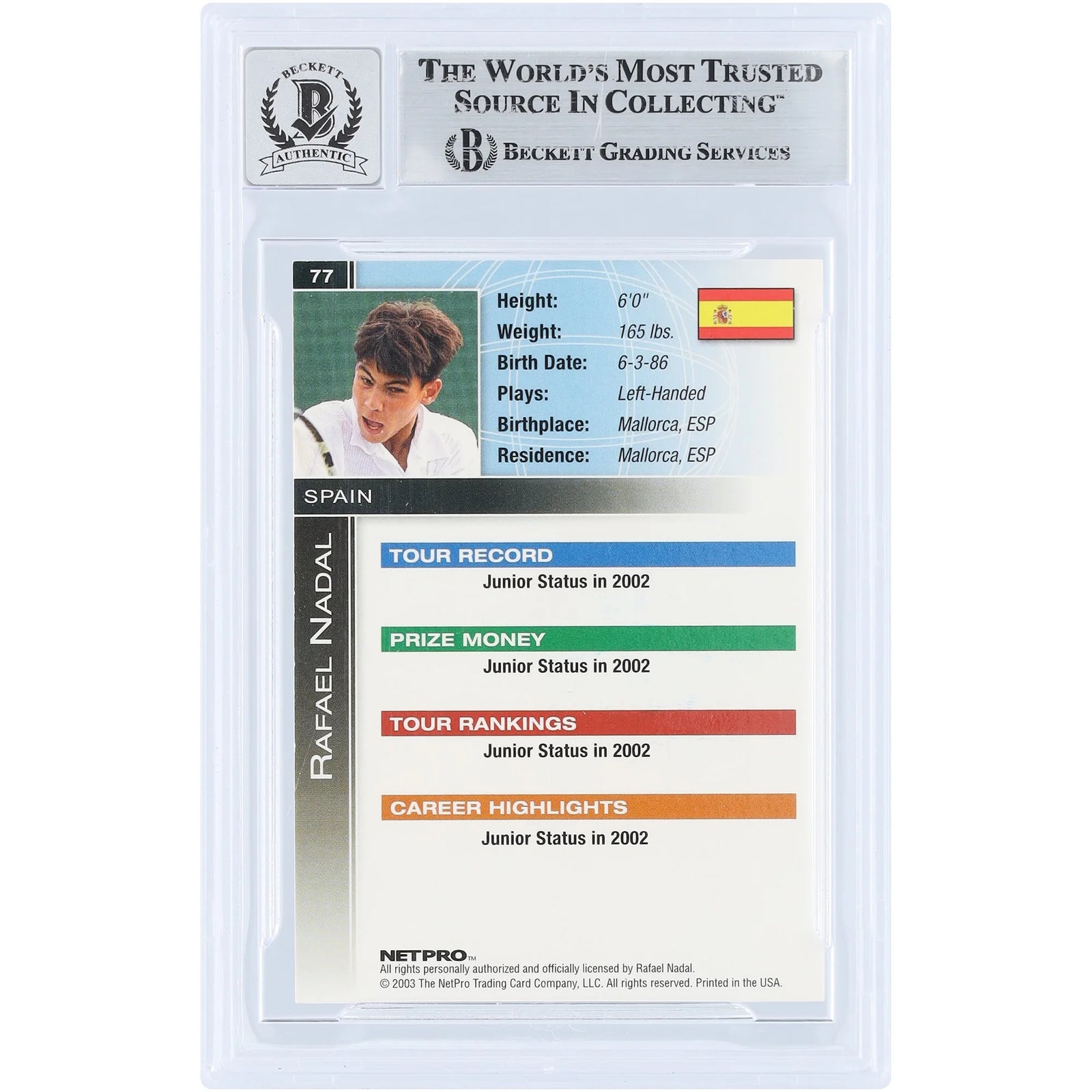 Rafael Nadal Signed 2003 NetPro International Series #77 Rookie Card | Beckett 10