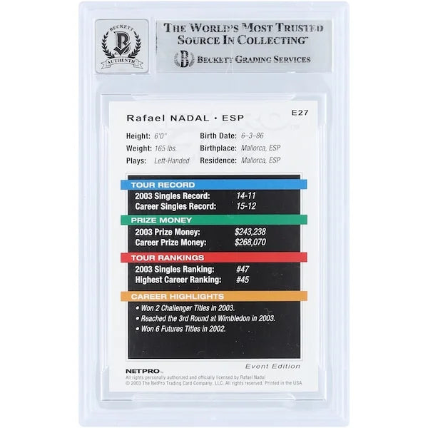 Rafael Nadal Signed 2003 NetPro Elite Event #E27 Rookie Card | Beckett Graded 10