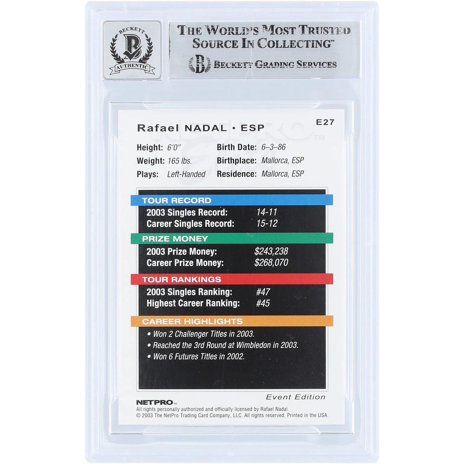 Rafael Nadal Signed 2003 NetPro Elite Event #E27 Rookie Card | Beckett Graded 10