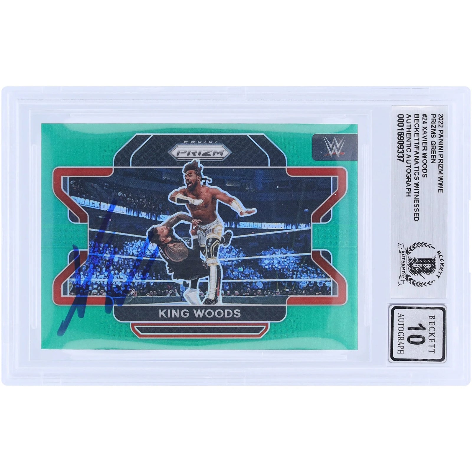 King Woods Signed 2022 Panini Prizm Green Prizm #24 | Beckett 10