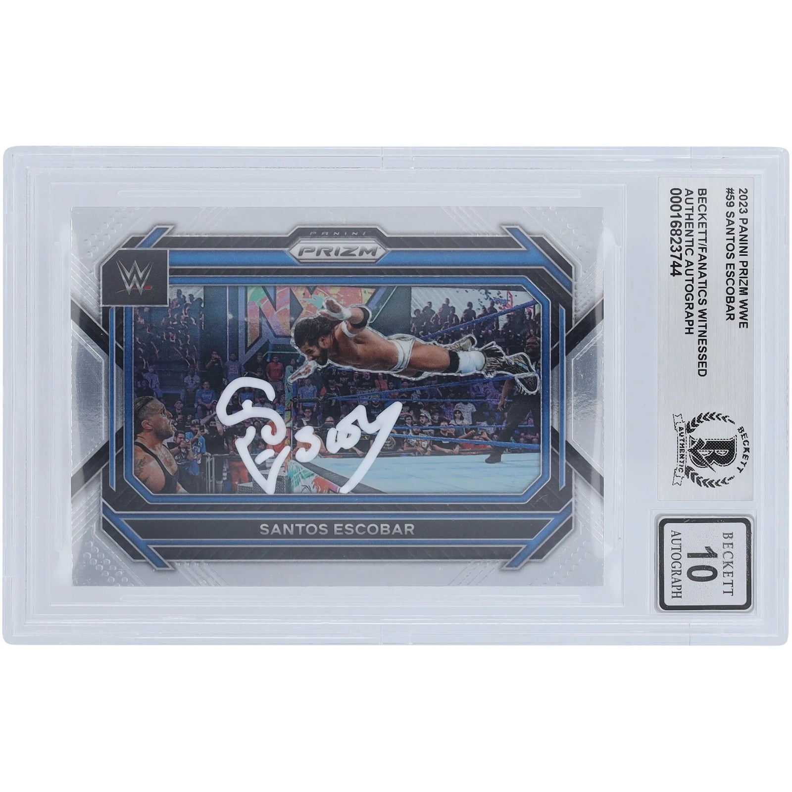 Santos Escobar WWE Autographed 2023 Panini Prizm White Ink #59 Beckett Fanatics Witnessed Authenticated 10 Card - F2