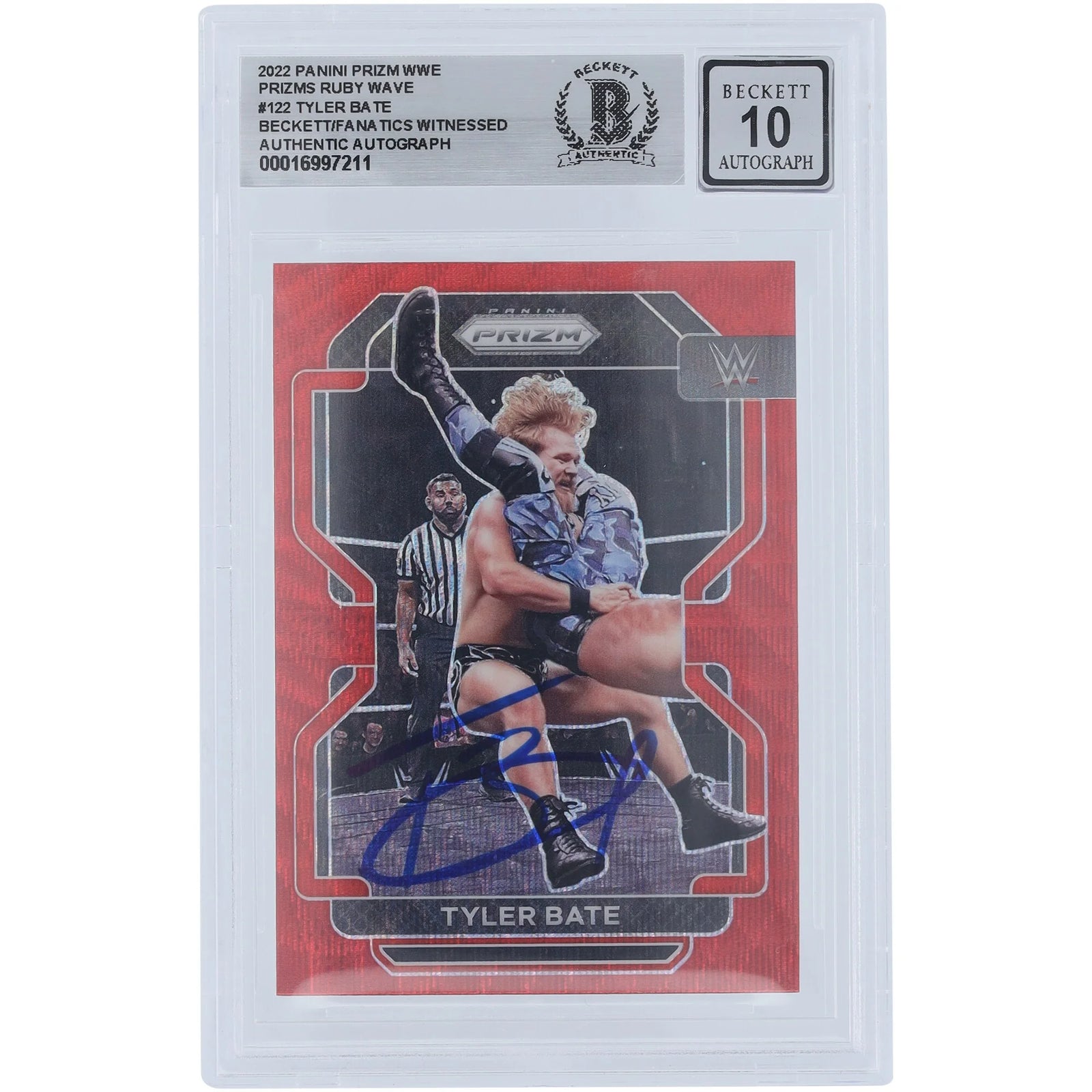 Tyler Bate Signed 2022 Panini Prizm Ruby Wave Card #122 | Beckett 10
