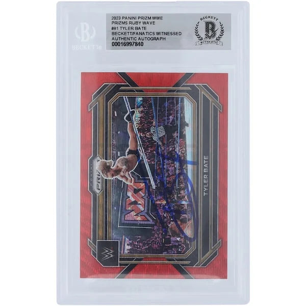 Tyler Bate WWE Autographed 2023 Panini Prizm Ruby Wave Prizm #81 Beckett Fanatics Witnessed Authenticated Card - F2