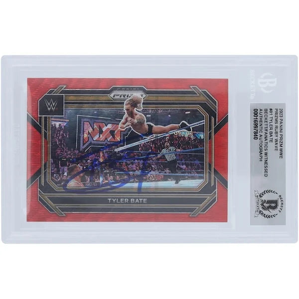 Tyler Bate WWE Autographed 2023 Panini Prizm Ruby Wave Prizm #81 Beckett Fanatics Witnessed Authenticated Card - F2