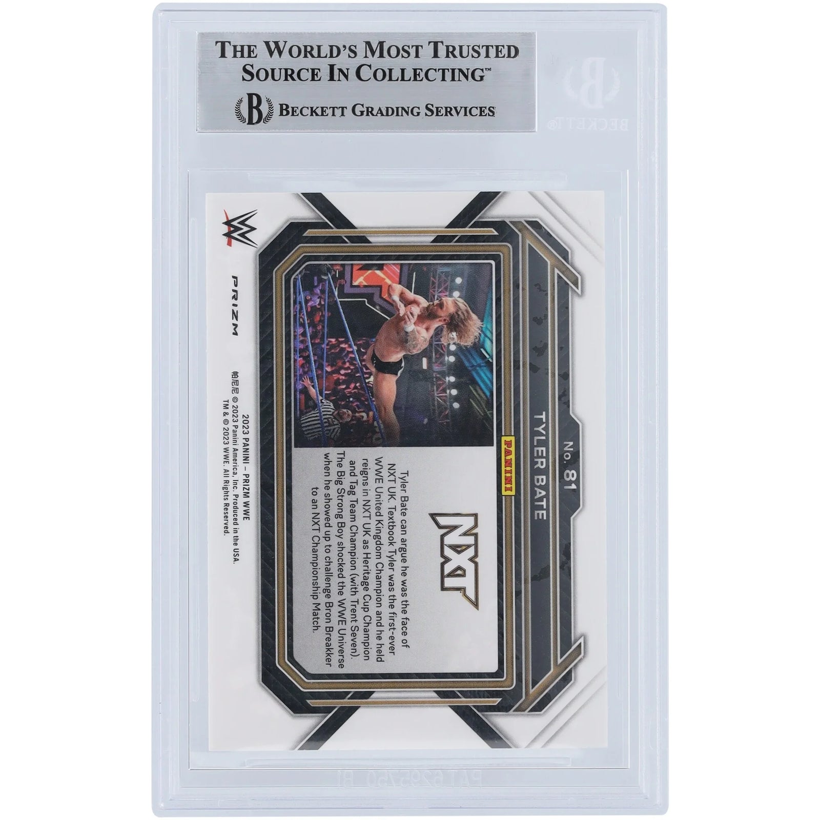 Tyler Bate WWE Autographed 2023 Panini Prizm Ruby Wave Prizm #81 Beckett Fanatics Witnessed Authenticated Card - F2