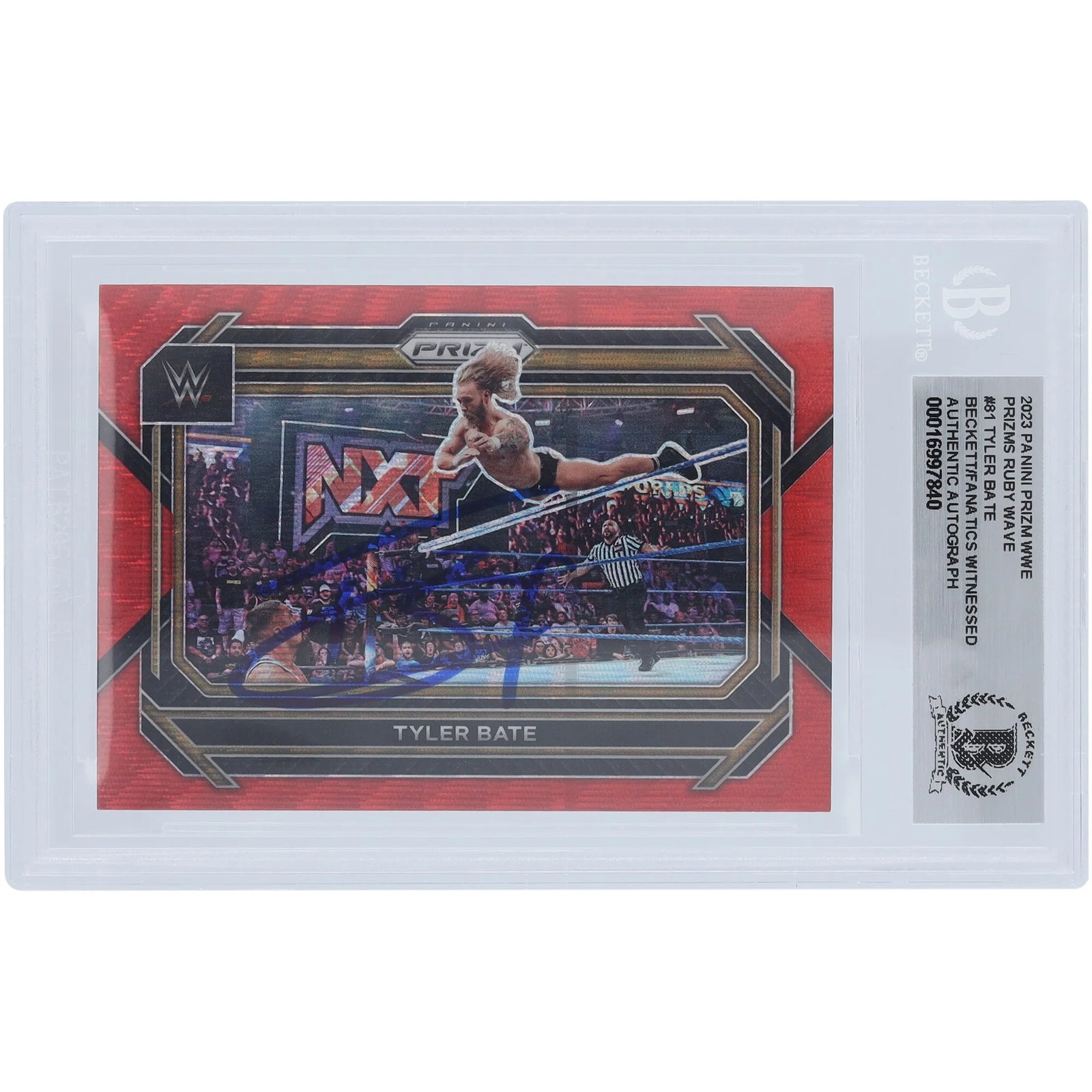 Tyler Bate WWE Autographed 2023 Panini Prizm Ruby Wave Prizm #81 Beckett Fanatics Witnessed Authenticated Card - F2