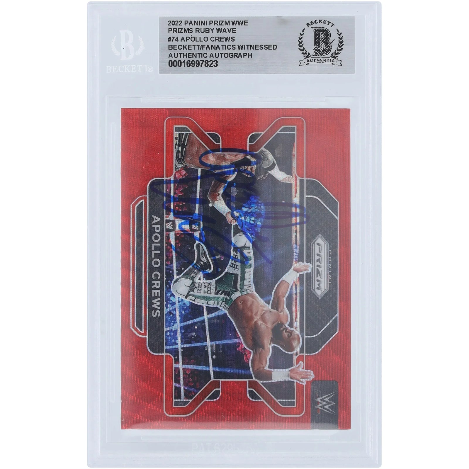 Apollo Crews Signed 2022 Panini Prizm Ruby Wave #74 Card | Beckett Authenticated