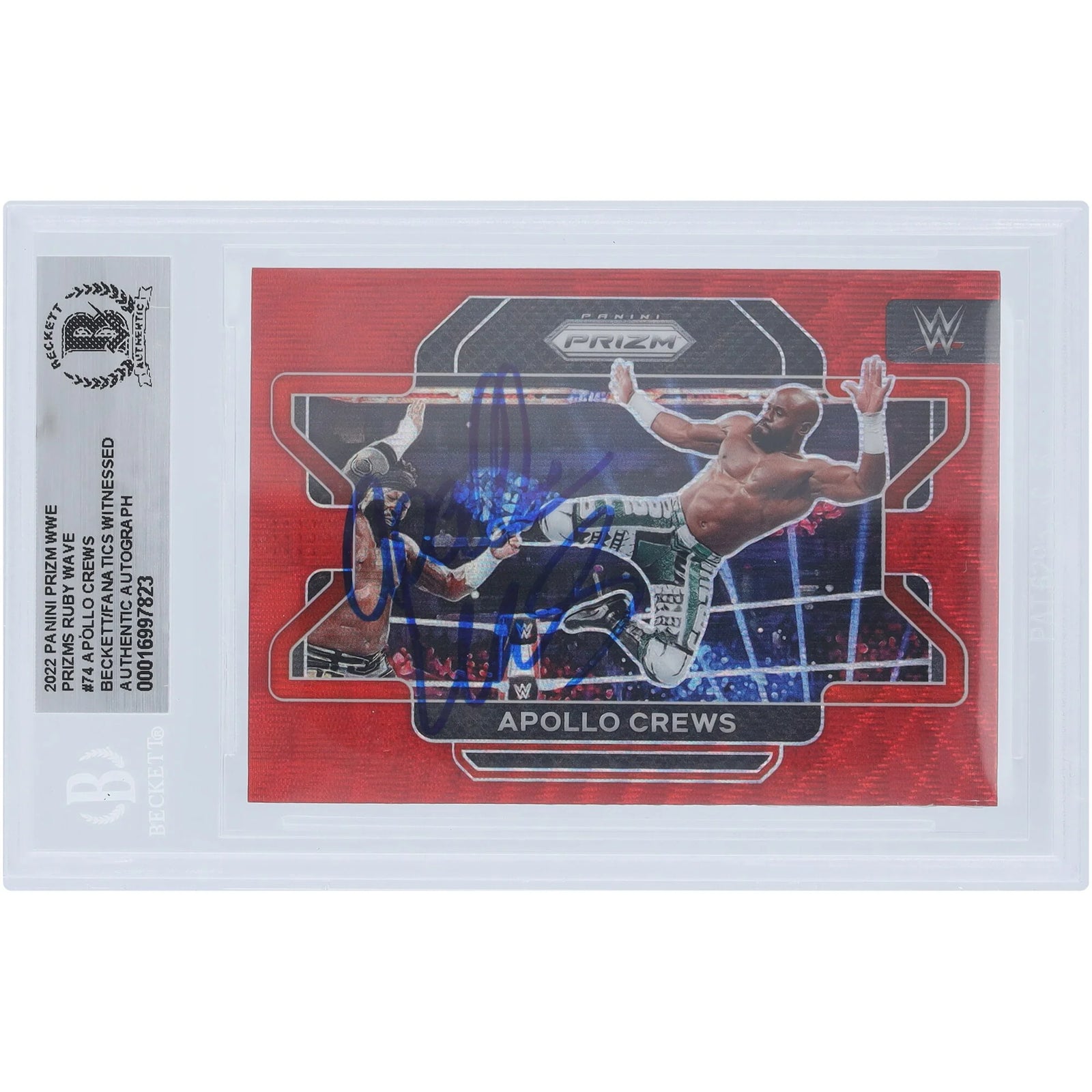 Apollo Crews Signed 2022 Panini Prizm Ruby Wave #74 Card | Beckett Authenticated