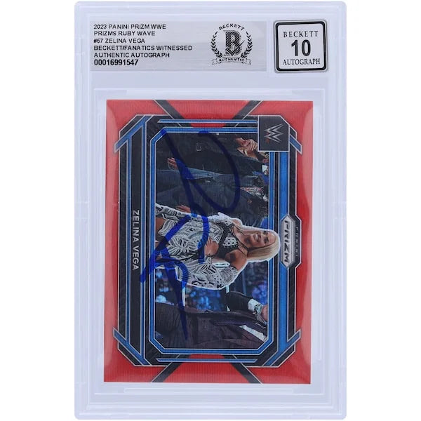 Zelina Vega Signed 2023 Panini Prizm Ruby Wave #57 | Beckett 10