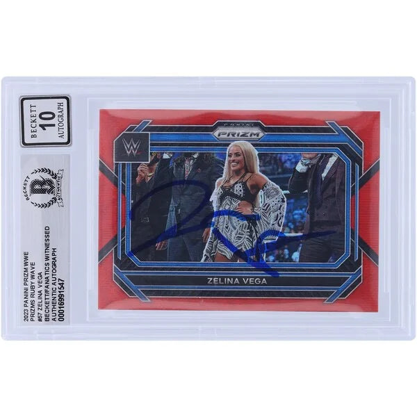 Zelina Vega Signed 2023 Panini Prizm Ruby Wave #57 | Beckett 10