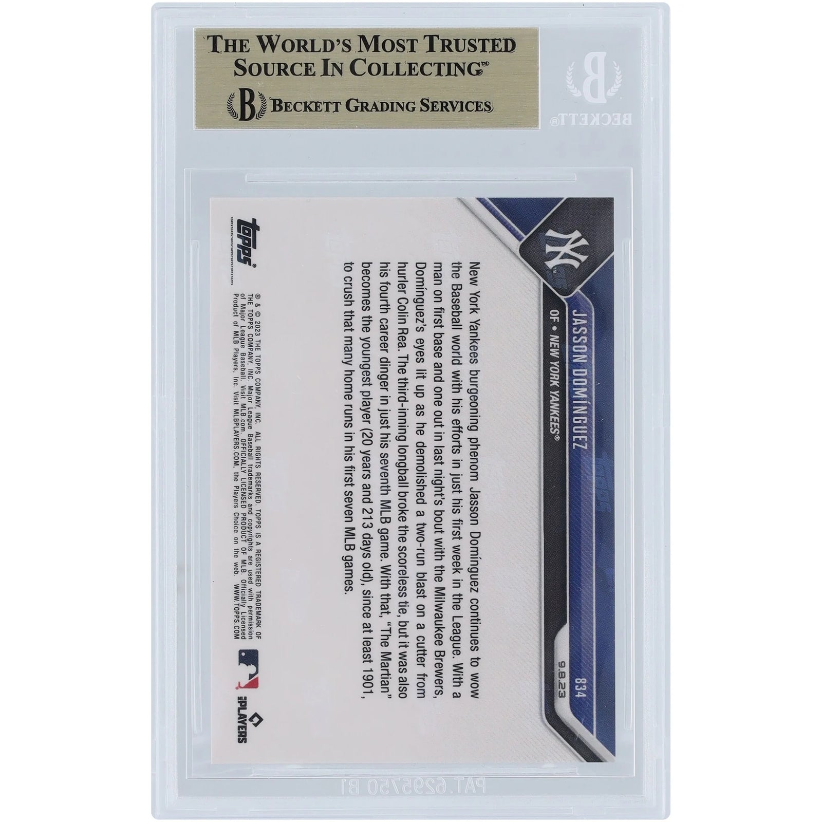 1901 Jasson Dominguez 2023 Topps Now Rookie #834 Card | BGS 10