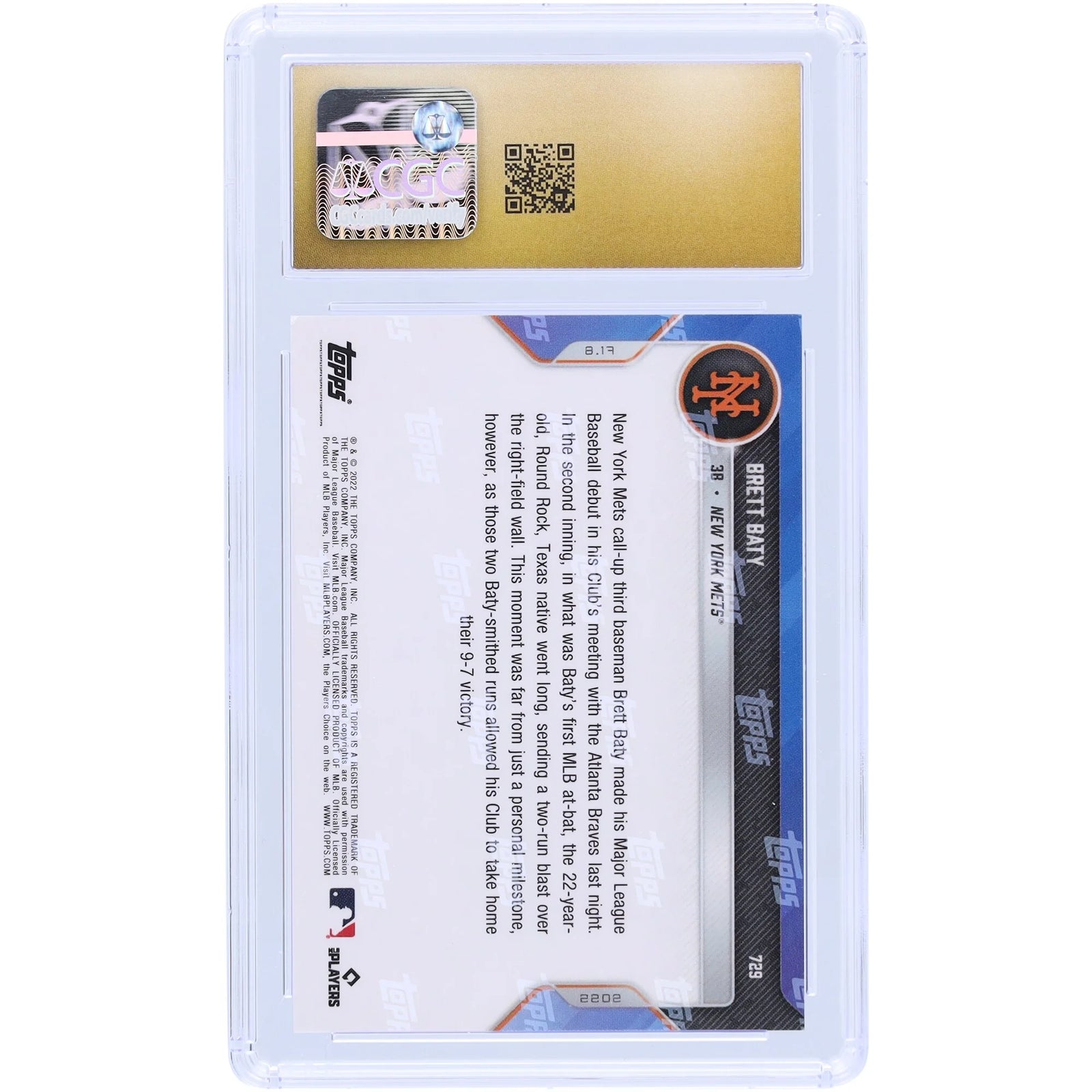Brett Baty New York Mets 2022 Topps Now Slugs Two-Run Homer In 1st Career MLB At-Bat #729 CGC Authenticated Pristine 10 Rookie Card - F2