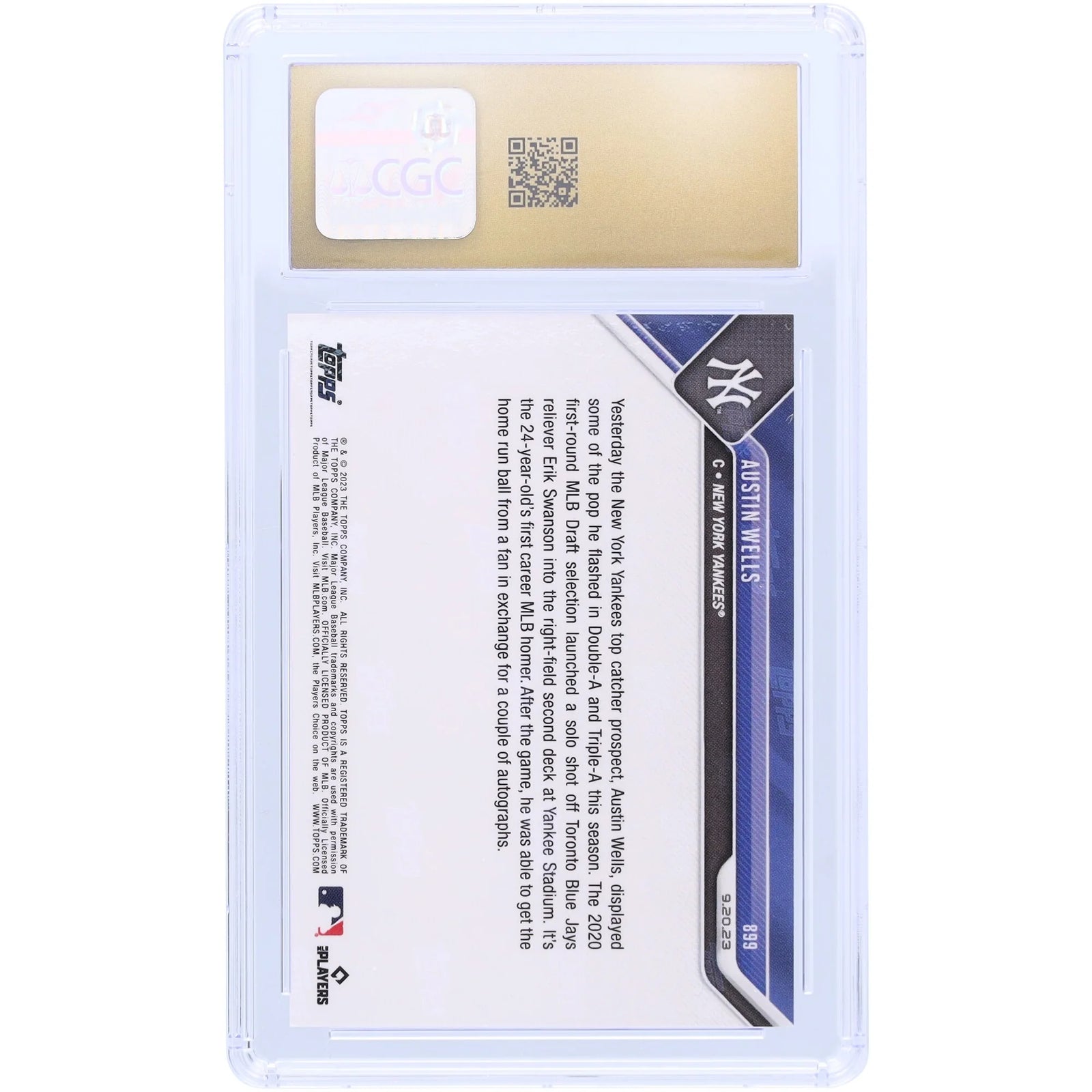 Austin Wells New York Yankees 2023 Topps Now Launches First MLB Home Run Of His Career #899 CGC Authenticated Pristine 10 Rookie Card - F2