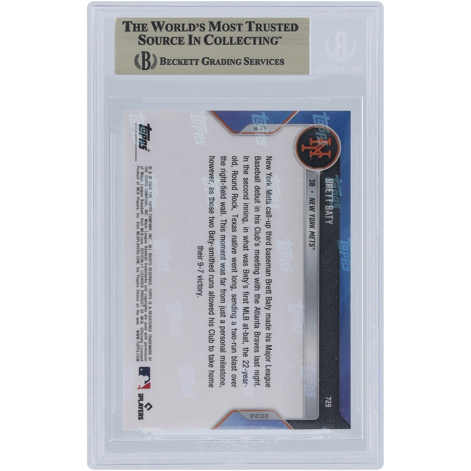 Brett Baty 2022 Topps Now Rookie Card #729 | BGS 10