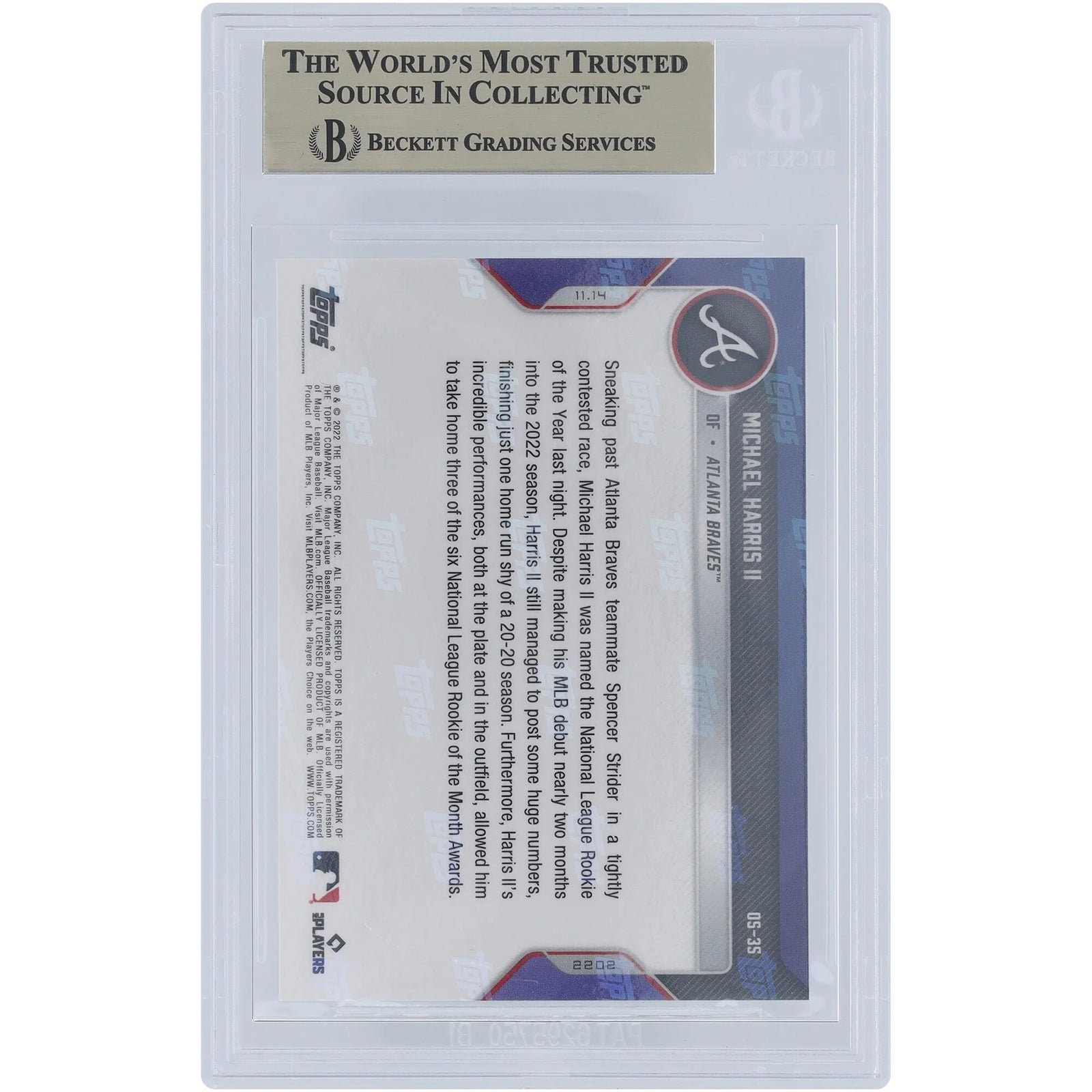 Michael Harris 2022 Topps Now NL Rookie of the Year Card | BGS 10