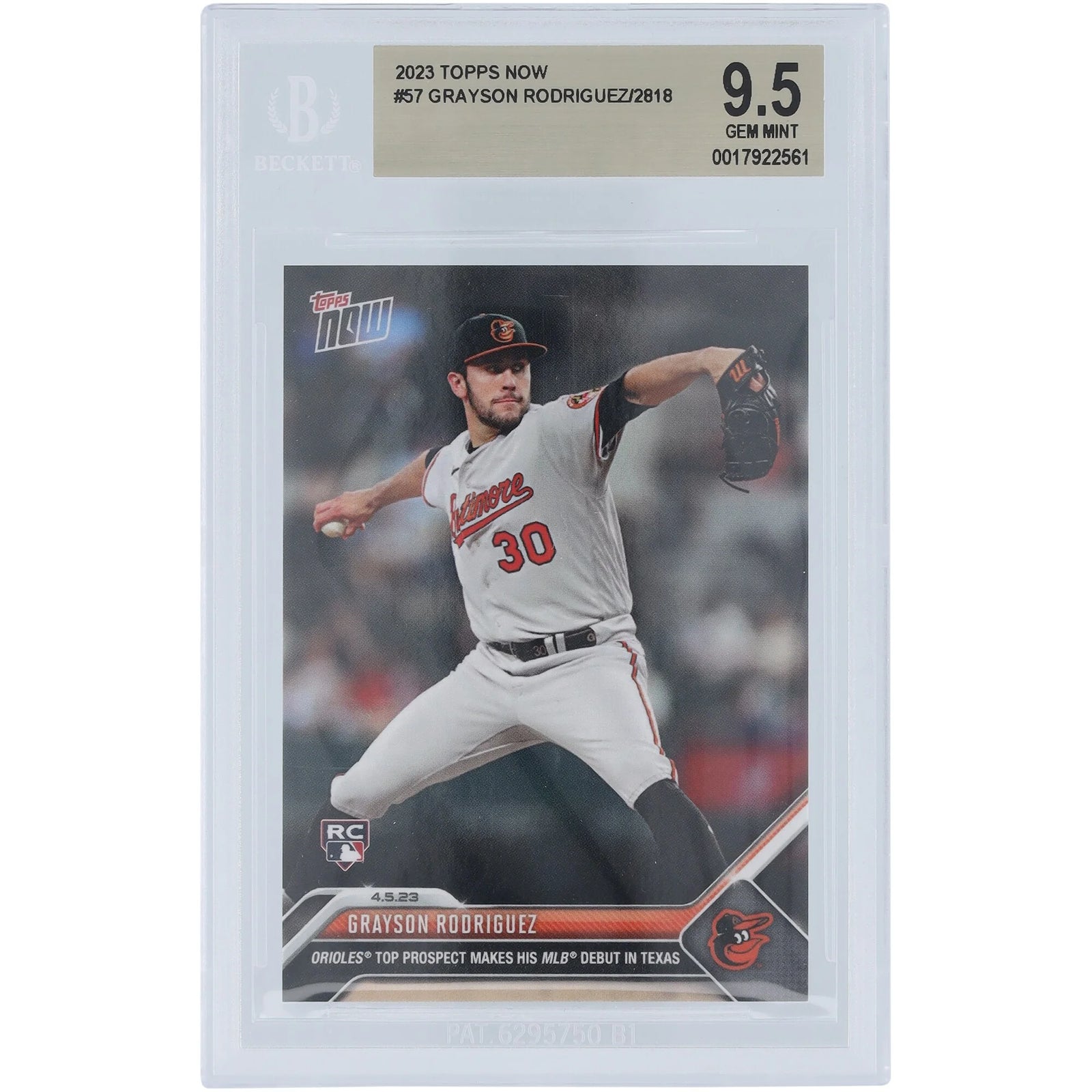 Grayson Rodriguez Baltimore Orioles 2023 Topps Now MLB Debut 04.05.2023 #57 BGS Authenticated 9.5 Rookie Card - F2