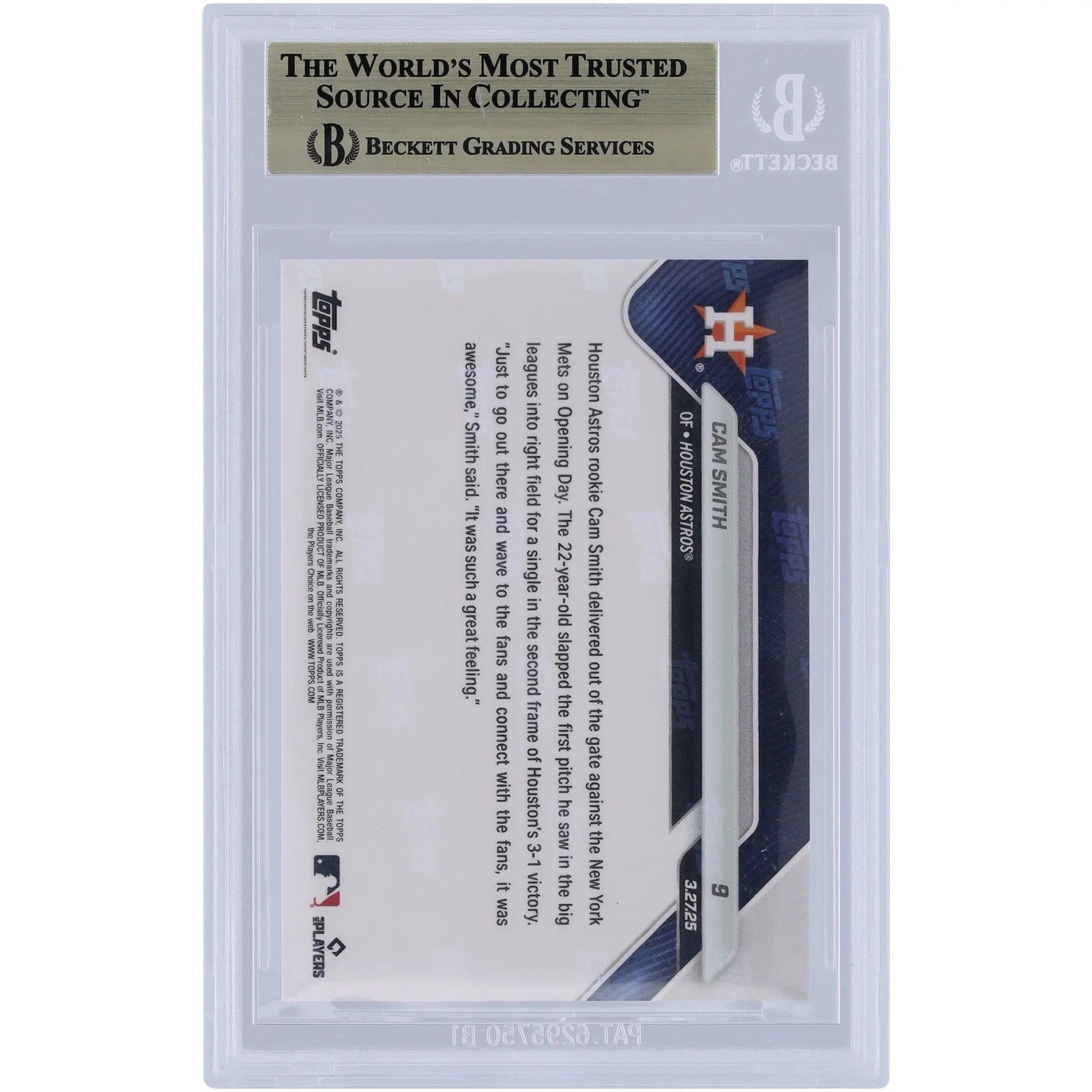 Cam Smith 2025 Topps Now Astros Top Prospect Rookie #9 Card | BGS 9.5
